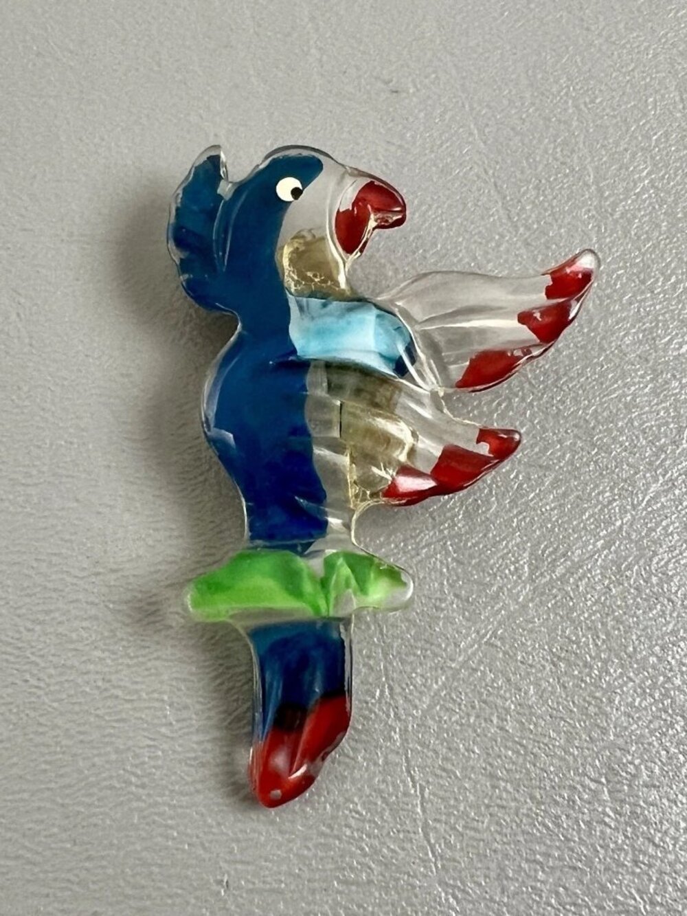Vintage Lucite Parrot Bird Brooch Pin Hand Painted Figural Costume Jewelry